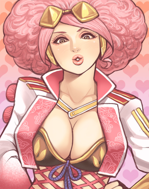 1girl, afro, bad_id, bad_pixiv_id, big_hair, bra, breasts, brown_eyes, cleavage, comb, cropped_jacket, eyelashes, eyeshadow, female_focus, hair_ornament, heart, heart_background, koshosho_(sengoku_musou), large_breasts, lips, lipstick, makeup, maou_alba, pink_hair, puckered_lips, sengoku_musou, sengoku_musou_4, solo, strapless, strapless_bra, underwear
