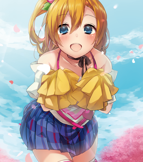 10s, 1girl, :d, bare_shoulders, blue_eyes, blue_skirt, blush, choker