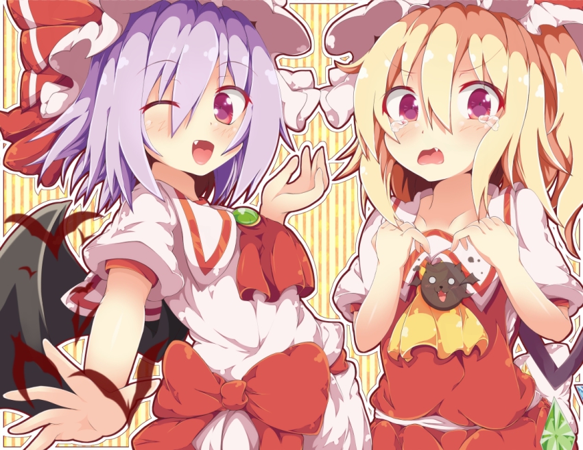 2girls, asymmetrical_hair, asymmetrical_wings, blonde_hair, collarbone, dress, flandre_scarlet, hair_between_eyes