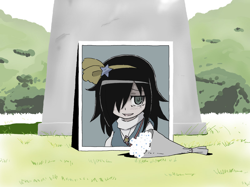akiyama_(r-aki), bags_under_eyes, black_hair, bouquet, cosplay, flower, funeral, grave