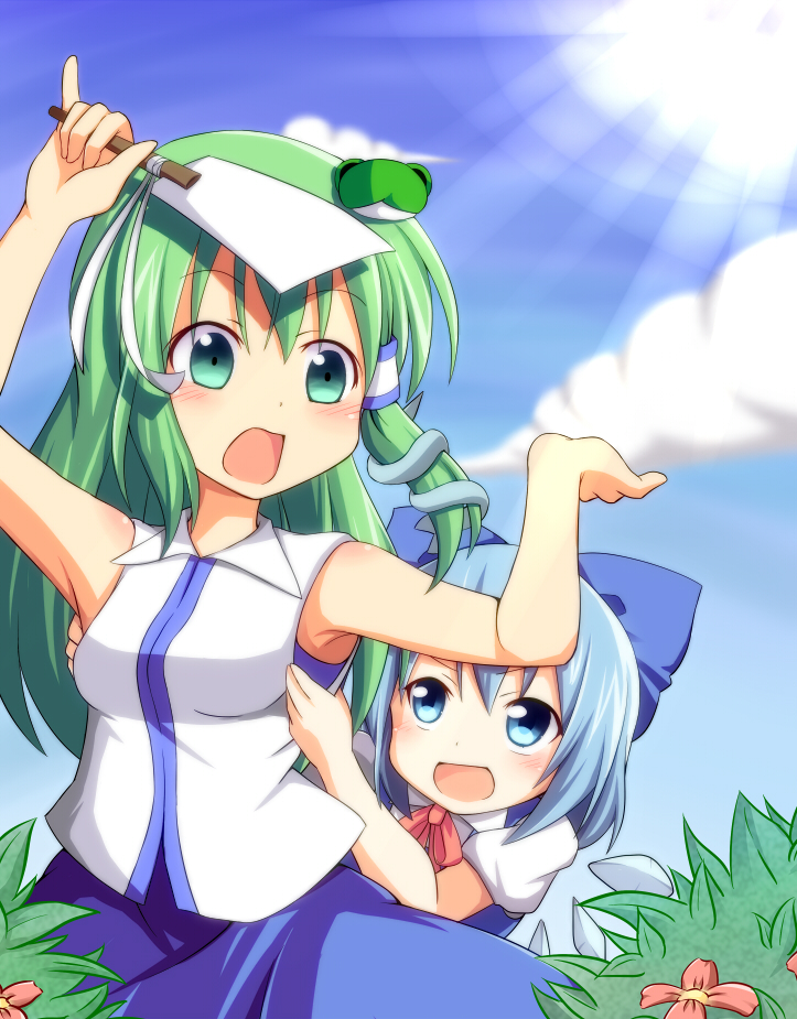 2girls, :d, armpits, arms_up, bare_arms, bare_shoulders, blue_eyes, blue_hair