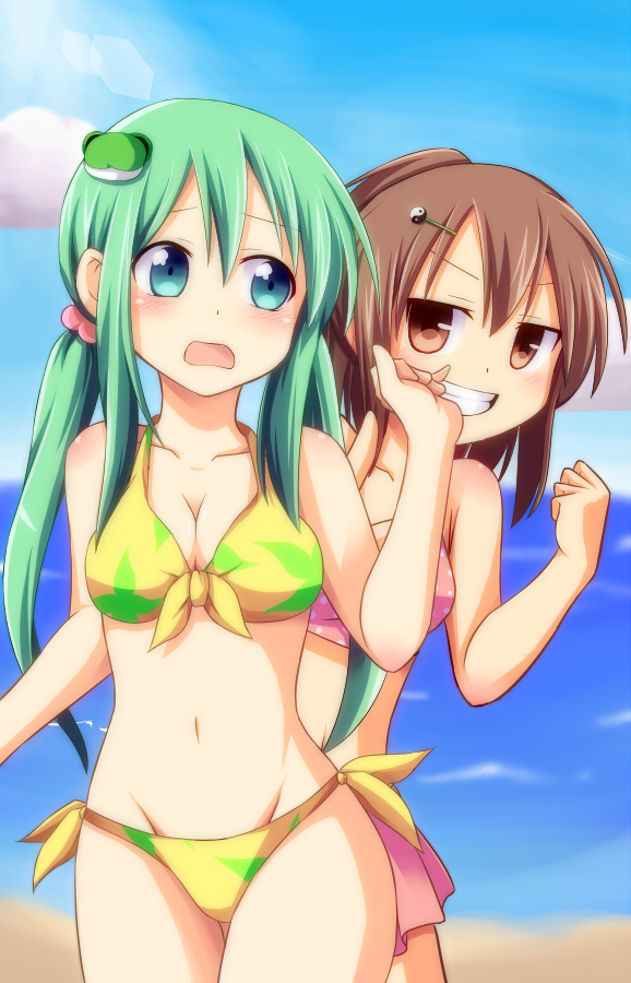 2girls, alternate_hairstyle, alternate_headwear, bikini, blush, breasts, brown_eyes, brown_hair