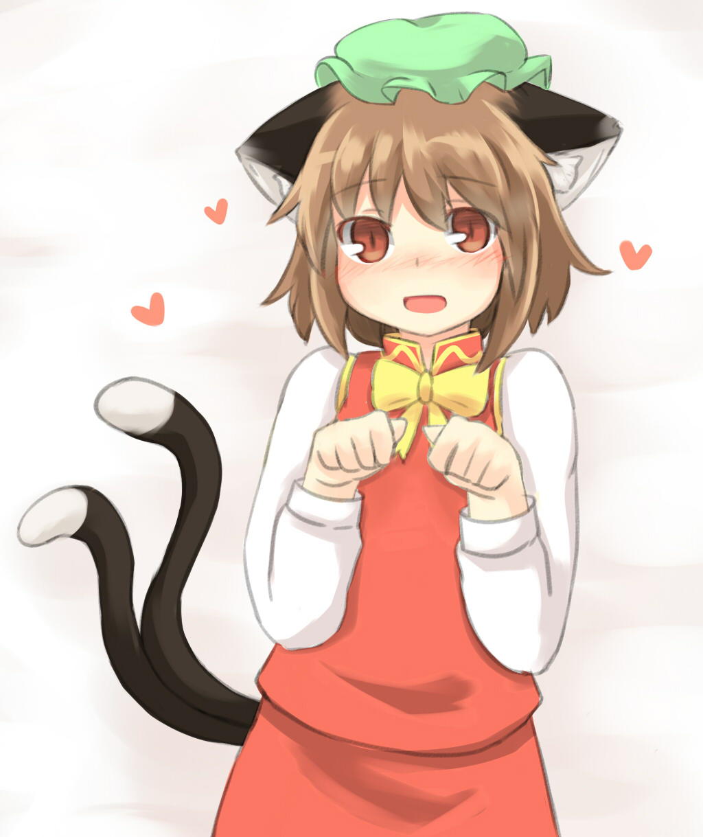 1girl, animal_ear_fluff, animal_ears, blush, brown_hair, cat_ears, cat_tail, chen, hat, heart, highres, kibisake, mob_cap, multiple_tails, nekomata, orange_eyes, paw_pose, s_katsuo, shirt, short_hair, skirt, tail, touhou, two_tails, vest