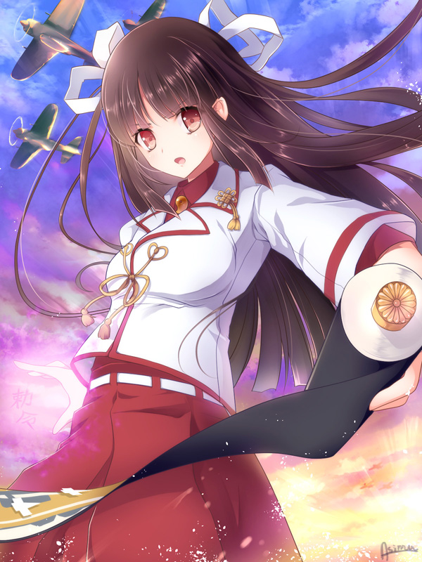 10s, 1girl, aircraft, airplane, artist_name, ashi_yume, black_hair, blue_sky