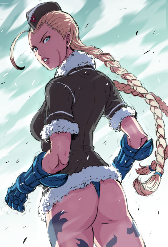 1girl, ahoge, alternate_costume, antenna_hair, ass, blonde_hair, blue_eyes, braid, cammy_white, female_focus, garrison_cap, hat, huge_ahoge, leotard, lips, long_hair, looking_back, scar, solo, street_fighter, street_fighter_iv_(series), tachibana_kazumi, thong_leotard, twin_braids, winter_clothes