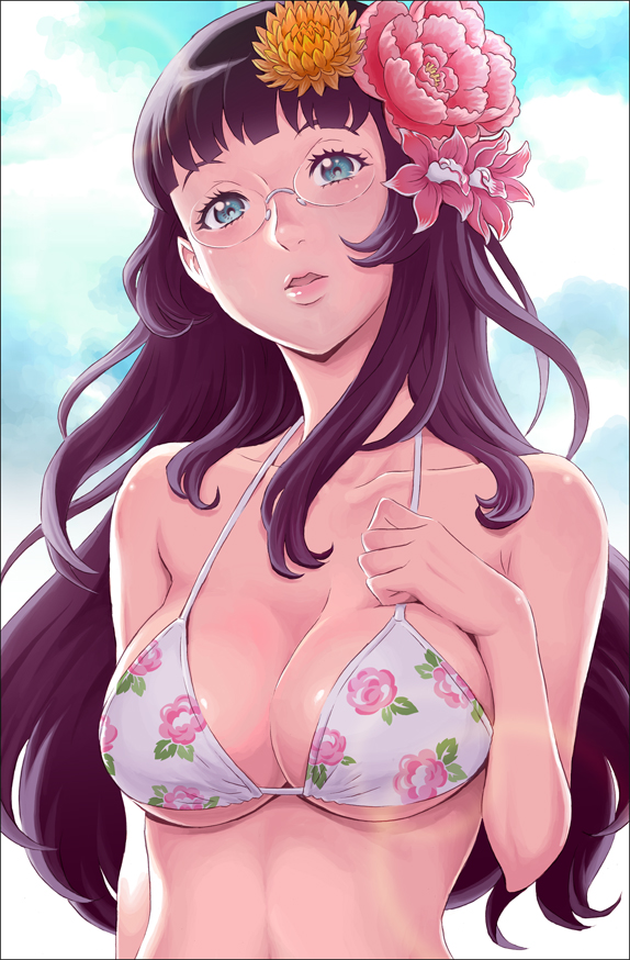 1girl, bikini, bikini_top_only, blue_eyes, blue_sky, breasts, brown_hair, cherry_teacher_sakura_naoki, cleavage, collarbone, day, female_focus, floral_print, flower, glasses, hair_flower, hair_ornament, large_breasts, lips, long_hair, nose, original, parted_lips, purple_hair, rimless_eyewear, shiny_skin, sky, solo, swimsuit, tachibana_kazumi, underboob, upper_body