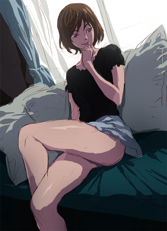 1girl, brown_hair, crossed_legs, female_focus, hand_on_own_chin, indoors, pillow, short_hair