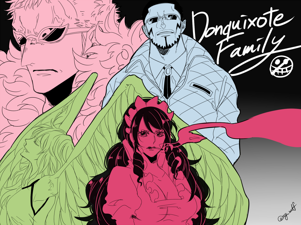 2boys, 2girls, ag_wolf, agito013, baby_5, donquixote_doflamingo, donquixote_pirates, feathers