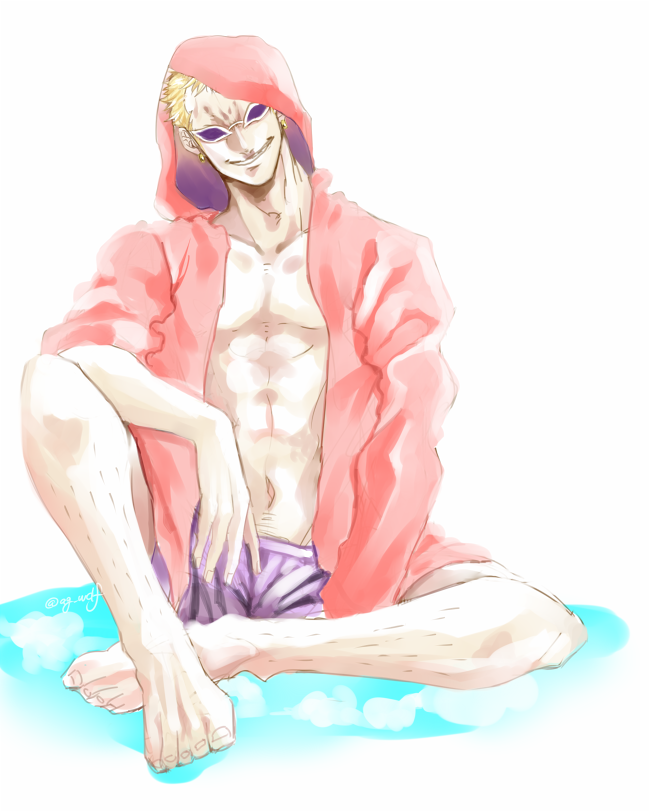 1boy, ag_wolf, agito013, alternate_costume, barefoot, blonde_hair, donquixote_doflamingo, hood