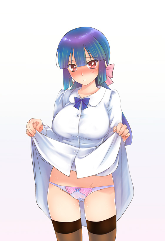 1girl, black_thighhighs, blue_hair, blush, bow, bow_panties, breasts, cameltoe
