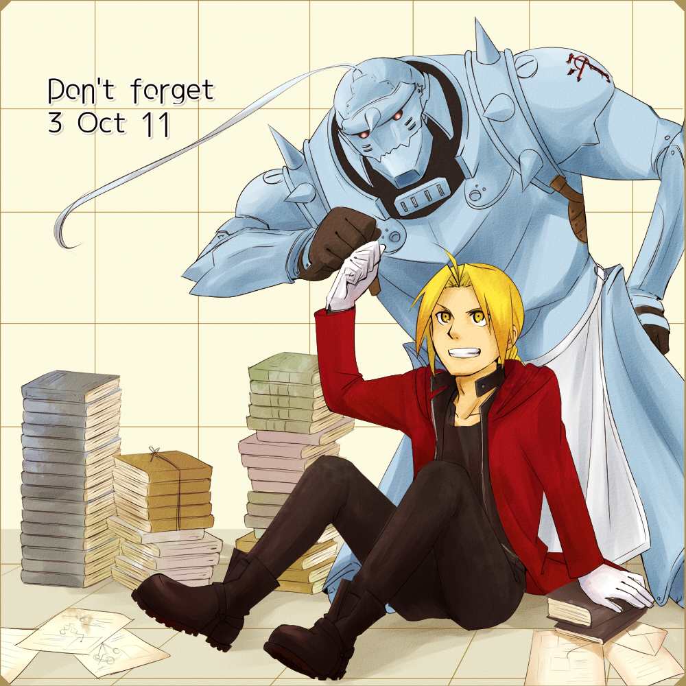 2boys, ahoge, alphonse_elric, apron, armor, blonde_hair, book, boots