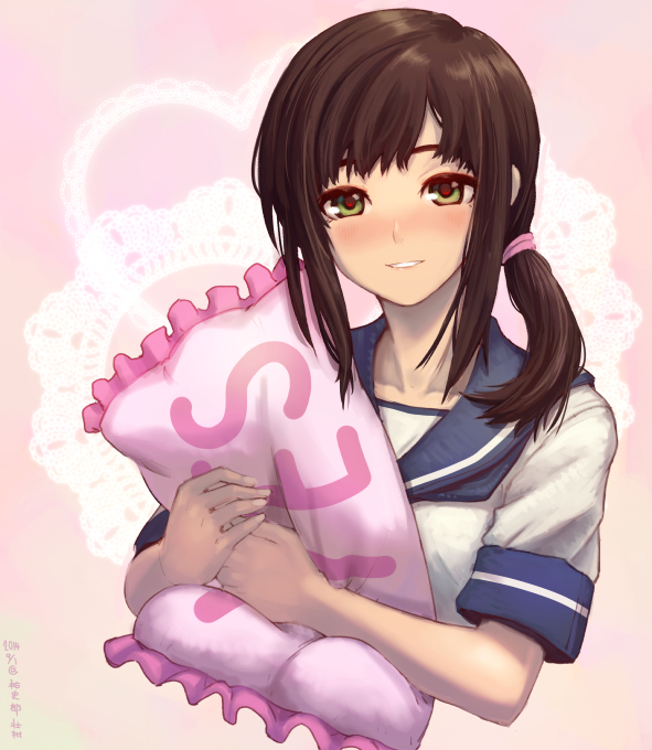 10s, 1girl, brown_hair, female_focus, fubuki_(kancolle), green_eyes, ichiban_renga, kantai_collection