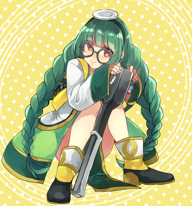 1girl, ankle_boots, blush, boots, braid, dress, female_focus, glasses, green_hair, hairband, knees_together_feet_apart, long_hair, long_sleeves, looking_at_viewer, nakagome_yuki, nakagomiyuki415, ole_tower, red_eyes, smile, socket, socket_wrench, socket_wrench_(ole_tower), solo, squatting, twin_braids, very_long_hair