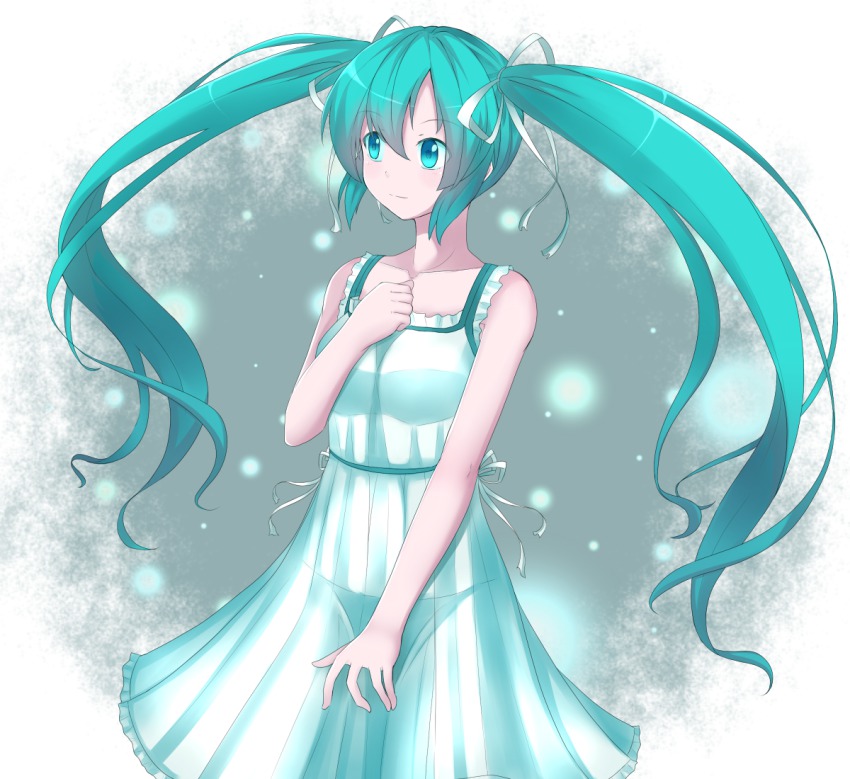 1girl, aqua_eyes, aqua_hair, butatikin, dress, female_focus, hair_ribbon, hand_on_own_chest, hatsune_miku, long_hair, ribbon, solo, twintails, very_long_hair, vocaloid