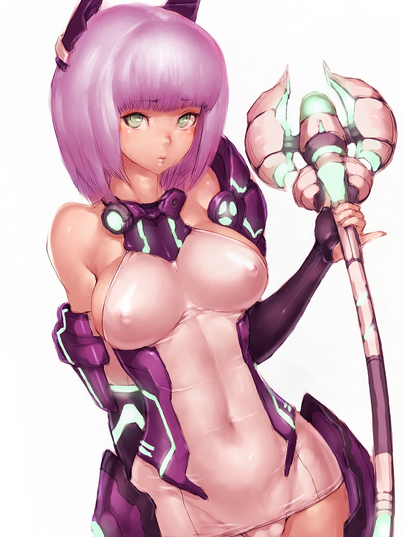 1girl, bare_shoulders, breasts, cameltoe, covered_erect_nipples, covered_navel, elbow_gloves, explosive, female_focus, fumio_(rsqkr), gloves, large_breasts, lips, looking_at_viewer, marlur, phantasy_star, phantasy_star_online_2, pink_hair, pinky_out, short_hair, simple_background, solo, staff, white_background, wide_hips