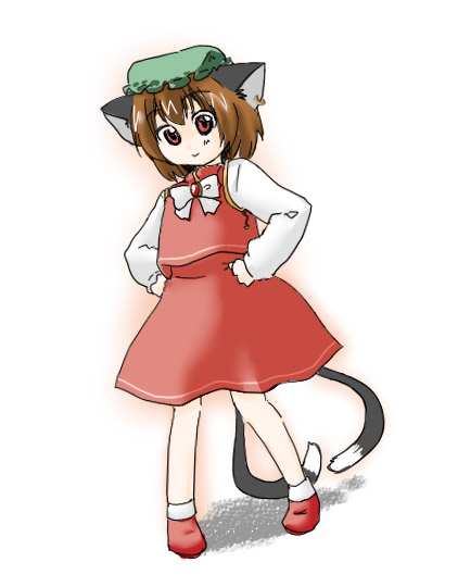 1girl, animal_ears, bad_id, bad_pixiv_id, cat_ears, cat_girl, cat_tail, chen, earrings, female_focus, hat, higeneko_(idemoto), jewelry, ribbon, short_hair, solo, tail, touhou, yuichi_ito