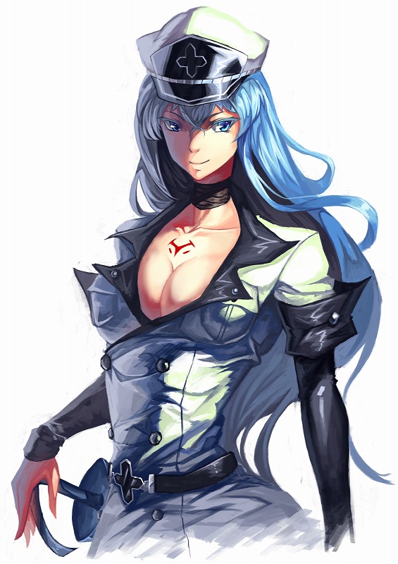 10s, 1girl, akame_ga_kill!, aqua_eyes, aqua_hair, bad_id, bad_pixiv_id, belt, blue_eyes, blue_hair, breasts, cleavage, collarbone, esdeath, female_focus, hat, large_breasts, long_hair, looking_at_viewer, matching_hair/eyes, military, military_uniform, peaked_cap, rari_(badominton), simple_background, solo, standing, sword, tattoo, very_long_hair, weapon, white_background