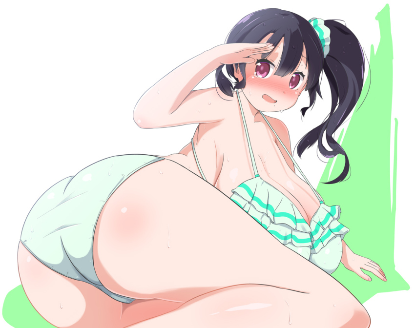 1girl, ass, blush, breast_rest, breasts, female_focus, from_behind, full-face_blush, gigantic_breasts, hirob816, long_hair, looking_back, lying, mole, open_mouth, pink_eyes, ponytail, purple_hair, side_ponytail, solo, sweat, tears, thighs