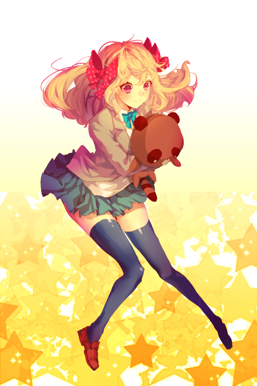 10s, 1girl, bad_id, bad_pixiv_id, black_thighhighs, bow, gekkan_shoujo_nozaki-kun, hair_bow, highres, orange_hair, polka_dot, polka_dot_bow, purple_eyes, sakura_chiyo, school_uniform, smile, star_(symbol), tanuki, thighhighs, yelsh