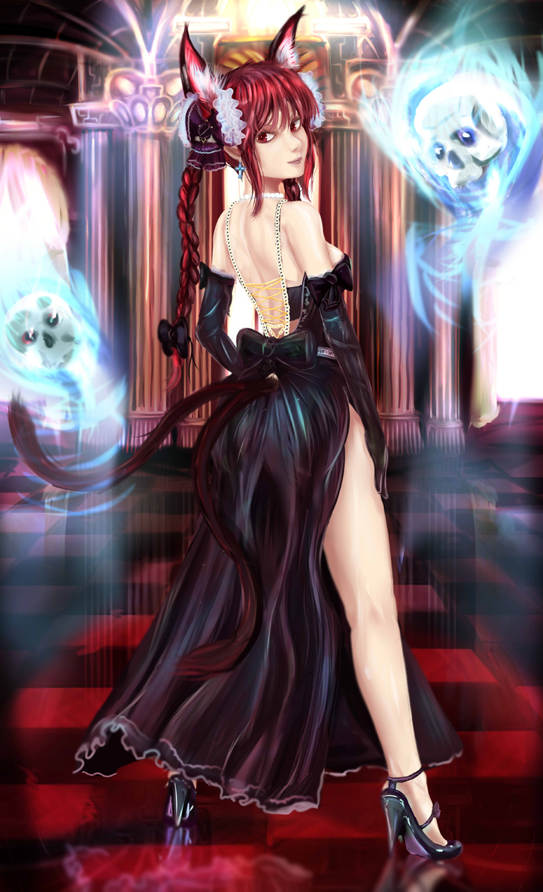 1girl, alternate_costume, animal_ears, bare_shoulders, black_dress, black_gloves, bow, braid