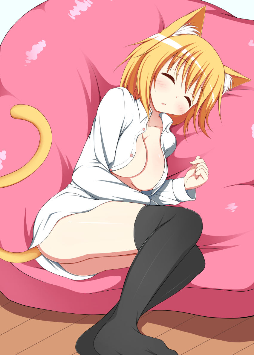 1girl, absurdres, animal_ears, bean_bag_chair, black_thighhighs, blonde_hair, blush, breasts