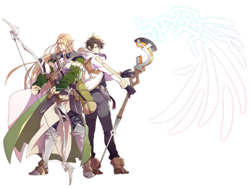 10s, 2boys, armor, arrow_(projectile), back-to-back, blonde_hair, blue_hair, bow_(weapon)