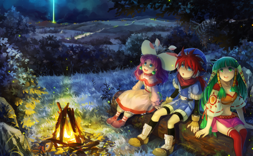 1boy, 2girls, black_socks, blue_eyes, bush, campfire, capelet, dress, earrings, feena_(grandia), field, fire, fireflies, full_body, grandia, grandia_i, green_eyes, green_hair, hair_tubes, hat, highres, huazha01, jewelry, justin_(grandia), kneehighs, layered_sleeves, long_hair, looking_up, multiple_girls, nature, night, pink_dress, pink_skirt, plant, puffy_(grandia), purple_hair, puui_(grandia), red_hair, red_legwear, side_slit, sitting, skirt, socks, sue_(grandia), thighhighs