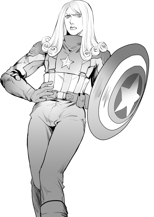 1boy, captain_america, captain_america_(cosplay), cosplay, curly_hair, funny_valentine, greyscale, jojo_no_kimyou_na_bouken, long_hair, male_focus, marvel, miyasaki1130, monochrome, parody, shield, solo, steel_ball_run, superhero_costume
