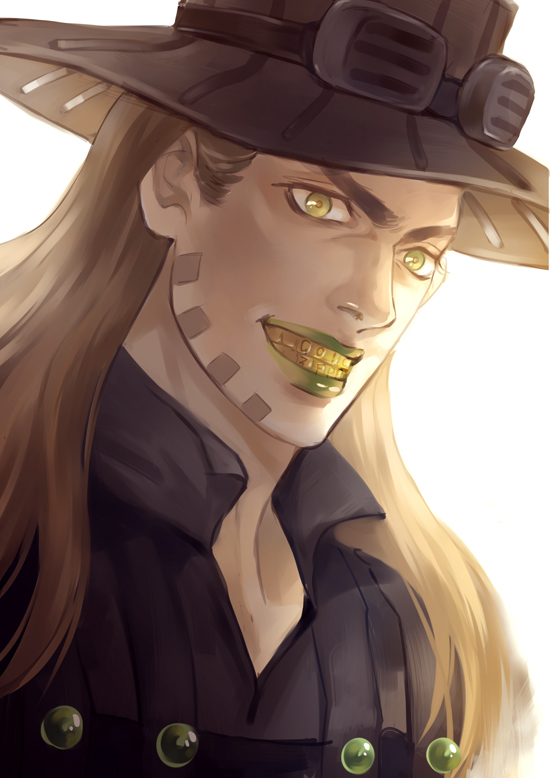 1boy, brown_hair, gold_teeth, green_eyes, green_lips, grin, gyro_zeppeli, hat