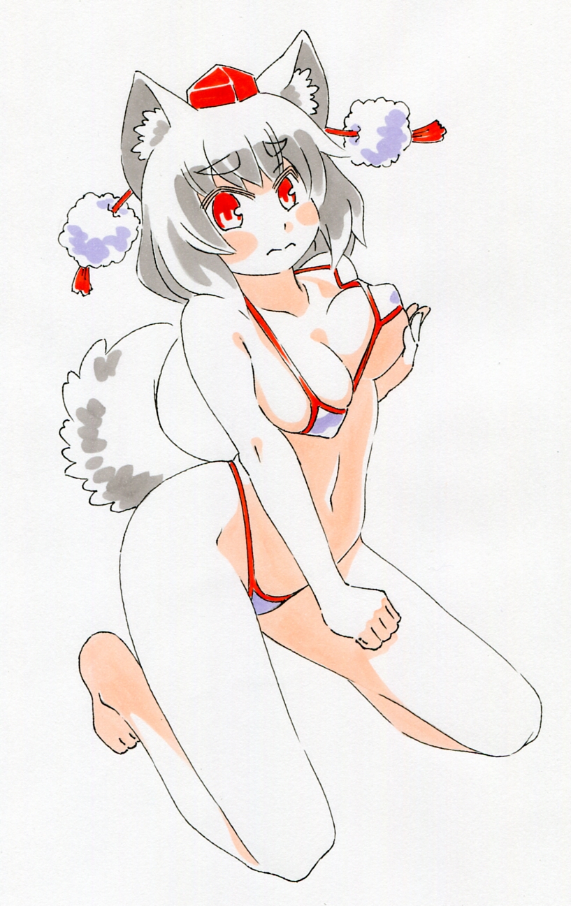 1girl, animal_ears, bikini, breast_lift, breasts, covered_erect_nipples, detached_sleeves, female_focus