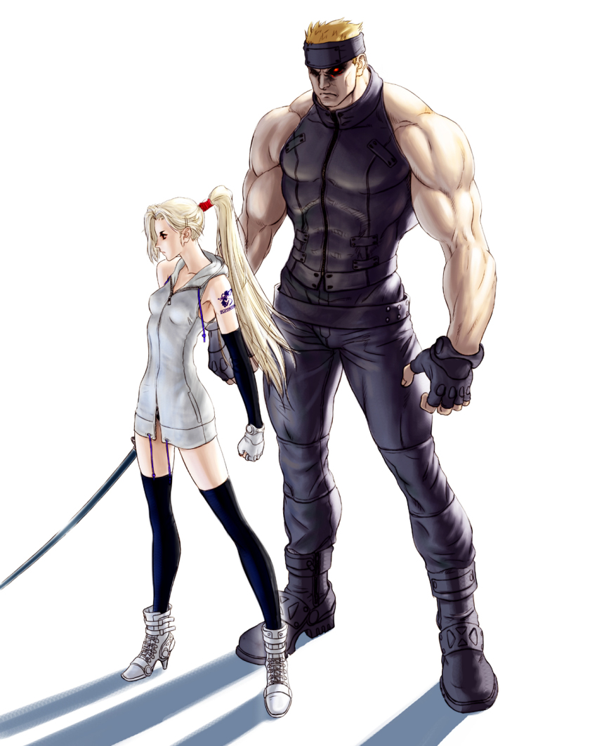 1boy, 1girl, ankle_boots, backlighting, black_thighhighs, blonde_hair, boots, breasts, clenched_hand, detached_sleeves, fingerless_gloves, fringe_trim, full_body, gloves, glowing, glowing_eye, haji_(haj06200), headband, height_difference, high_heel_boots, high_heels, highres, hood, hood_down, hoodie, katana, long_hair, muscular, ponytail, red_eyes, skin_tight, sleeveless, sleeveless_hoodie, small_breasts, standing, sword, tattoo, thighhighs, weapon