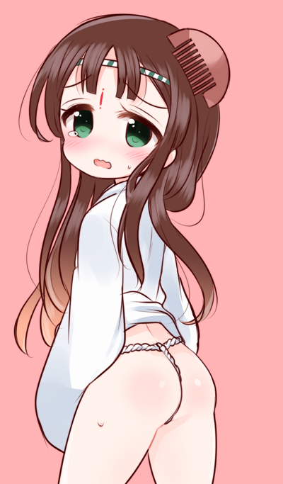 1girl, ass, bad_id, bad_pixiv_id, blush, body_blush, bottomless, brown_hair, circlet, coat, comb, cowboy_shot, facial_mark, female_focus, flat_ass, forehead_mark, from_behind, fundoshi, green_eyes, japanese_clothes, kushinada_(p&amp;d), long_hair, long_sleeves, looking_at_viewer, looking_back, meopun_(meopen429), no_nose, open_mouth, pink_background, puzzle_&amp;_dragons, simple_background, sleeves_past_wrists, solo, tears, unworn_headwear, wavy_mouth