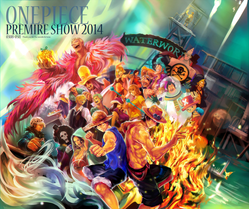 amazon_warrior, blonde_hair, blue_hair, boa_hancock, brook_(one_piece), brothers, cyborg, daisy_(one_piece), devil_fruit, disco, donquixote_doflamingo, duval, fire, food, franky_(one_piece), fruit, green_hair, highres, marguerite_(one_piece), mecha, monkey_d._luffy, multiple_boys, multiple_girls, nami_(one_piece), nami_(one_piece)_(sabaody), nico_robin, nico_robin_(sabaody), one_piece, ootachi, orange_hair, pole, portgas_d._ace, ran_(one_piece), reindeer, robot, saint_charlos, saint_shalria, sanji_(one_piece), shirt, siblings, skeleton, smile, sunglasses, sword, t-shirt, tongue, tony_tony_chopper, topless_female, trafalgar_law, tsuyomaru, usopp, water, weapon