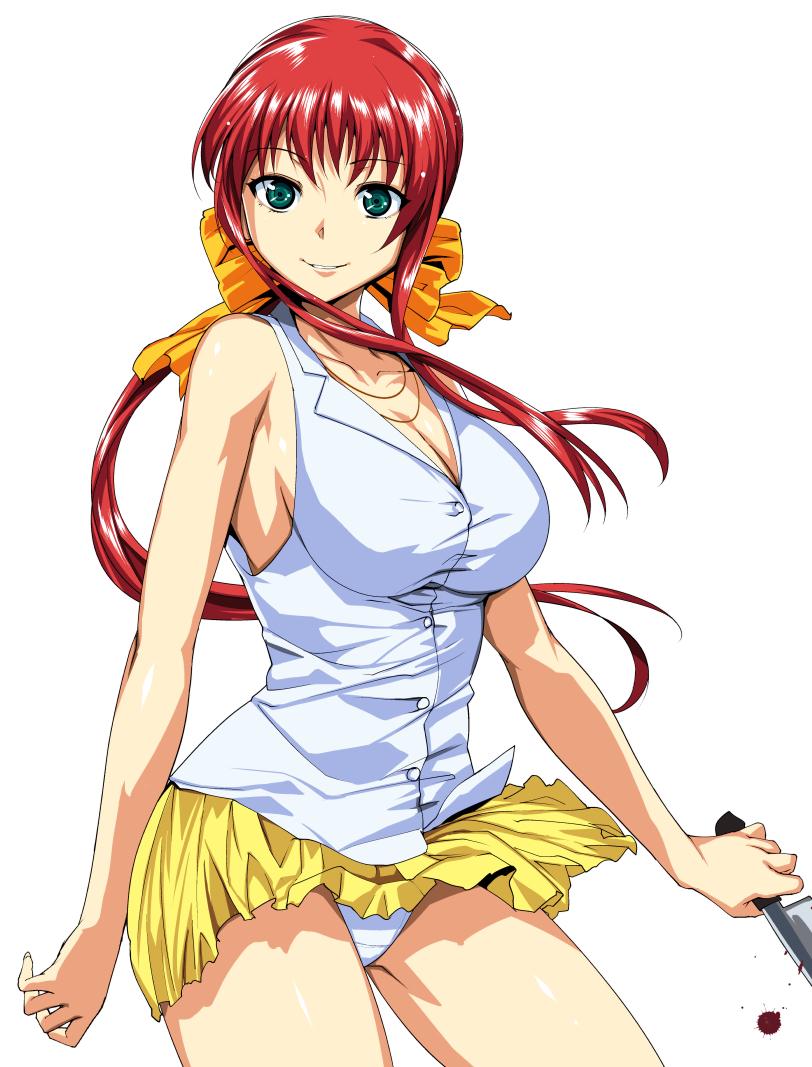 1girl, akasaka_mitsuki, blood, bow, breasts, butcher_knife, cleavage, double_cast, female_focus, green_eyes, grin, hair_bow, huge_breasts, long_hair, looking_at_viewer, panties, pantyshot, red_hair, shiny_skin, skirt, sleeveless, smile, solo, tomohiro_kai, underwear, upskirt, weapon, white_background, white_panties