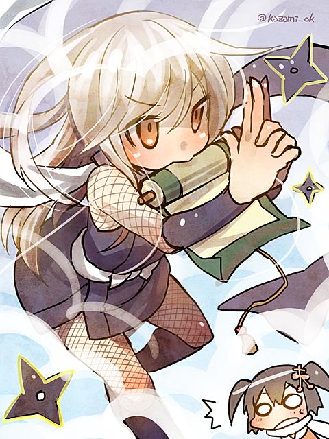 10s, 2girls, ^^^, arm_warmers, black_hair, blush, chibi, fishnets, hair_ornament, japanese_clothes, kanchou, kantai_collection, kazami_miki, kikuzuki_(kancolle), kimono, kuji-in, leaning_forward, long_hair, morino_(t_morino), mouth_hold, multiple_girls, ninja, no_pupils, o_o, one-hour_drawing_challenge, open_mouth, orange_eyes, own_hands_together, pun, sash, scarf, scroll, sendai_(kancolle), short_hair, short_kimono, shuriken, sleeveless, solo_focus, sweatdrop, twitter_username, two_side_up, weapon, white_hair