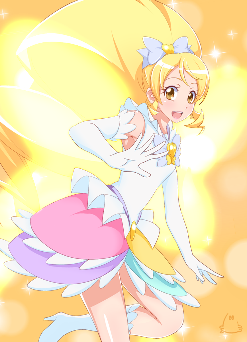10s, 1girl, blonde_hair, blush, boots, brooch, cure_honey, cure_honey_(innocent_form), dress, earrings, eyelashes, female_focus, gloves, hair_ornament, hair_ribbon, happinesscharge_precure!, happy, heart, heart_brooch, high_heel_boots, high_heels, highres, innocent_form_(happinesscharge_precure!), jabara_tornado, jewelry, long_hair, looking_at_viewer, magical_girl, multicolored_skirt, oomori_yuuko, open_mouth, ponytail, precure, ribbon, skirt, smile, solo, standing, white_dress, white_gloves, yellow_eyes