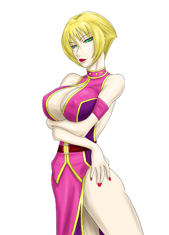 1girl, armband, bare_shoulders, belt, blonde_hair, bloody_roar, breasts, center_opening, cleavage, crossed_arms, dress, eyeshadow, female_focus, flipped_hair, green_eyes, jenny_burtory, konami, large_breasts, lipstick, long_dress, makeup, ml_(1739mk), nail_polish, short_hair, side_slit, solo