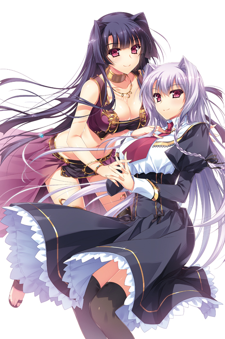 2girls, black_hair, black_legwear, bracelet, braid, breasts, choker, cleavage
