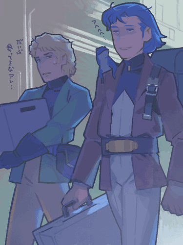 2boys, animal, backpack, bag, blonde_hair, blue_hair, box, densetsu_kyojin_ideon