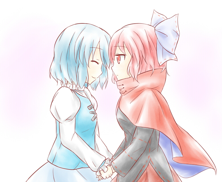 2girls, blue_hair, bow, capelet, hair_bow, holding_hands, long_sleeves, multiple_girls