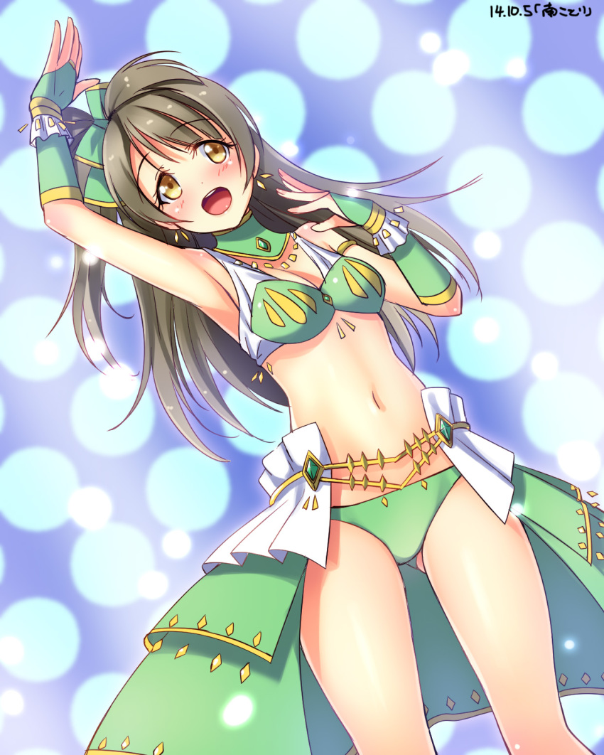 10s, 1girl, :d, alternate_costume, arm_up, armlet, armpits, bikini