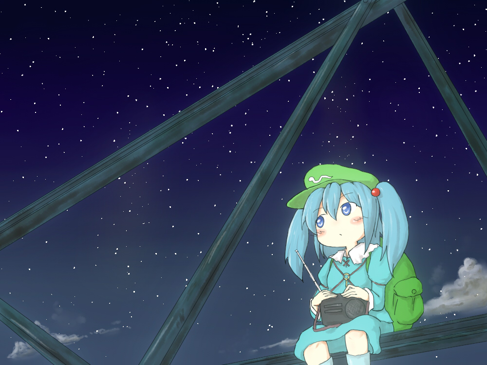 1girl, :o, backpack, bad_id, bad_pixiv_id, bag, blue_eyes, blue_hair, blush, blush_stickers, boots, cloud, cloudy_sky, dress, female_focus, hair_bobbles, hair_ornament, hat, kawashiro_nitori, key, long_sleeves, looking_away, matching_hair/eyes, mojikakiya, night, pocket, radio, radio_antenna, rubber_boots, short_hair, sitting, sitting_on_object, skirt, skirt_set, sky, solo, star_(sky), starry_sky, touhou, twintails, two_side_up