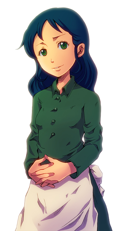 1girl, apron, blue_hair, blue_hat, breasts, collared_shirt, dress, female_focus