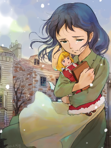 1girl, blue_eyes, blue_hair, cowboy_shot, dated, day, doll, female_focus