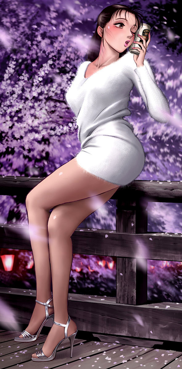 1girl, alcohol, beer, beer_can, black_hair, blush, brown_eyes, can, drink_can, female_focus, fence, high_heel_sandals, high_heels, jaja_uma_grooming_up!, legs, one_eye_closed, pantyhose, python_(snake_legs), sandals, see-through_clothes, see-through_legwear, shoes, sitting, solo, watarai_abumi