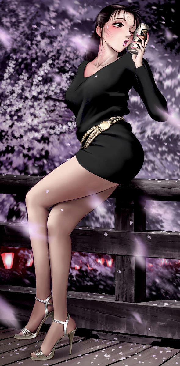 1girl, alcohol, bare_legs, beer, beer_can, belt, black_hair, blush, brown_eyes, can, cherry_blossoms, dress, dress_shirt, drink_can, female_focus, fence, high_heel_sandals, high_heels, jaja_uma_grooming_up!, legs, lips, lipstick, makeup, one_eye_closed, open_mouth, pantyhose, petals, python_(snake_legs), sandals, see-through_clothes, see-through_legwear, shirt, shoes, short_dress, sitting, solo, stiletto_heels, watarai_abumi