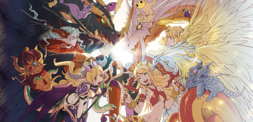 2boys, 2girls, angel, archangel_lucifer, archdemon_lucifer_(p&amp;d), baddie_(p&amp;d), black_wings, blonde_hair, carbuncle_(p&amp;d), demon_girl, dragon, dual_wielding, echidna_(p&amp;d), feathered_wings, gold_dragon_(p&amp;d), halo, halterneck, holding, horns, indra_(p&amp;d), lamia, lilith_(p&amp;d), meer_rowe, metal_dragon_(p&amp;d), midriff, monster_girl, multiple_boys, multiple_girls, navel, pengdra, puzzle_&amp;_dragons, shynee_(p&amp;d), slime_(creature), snake, sword, vritra_(p&amp;d), weapon, white_hair, wings