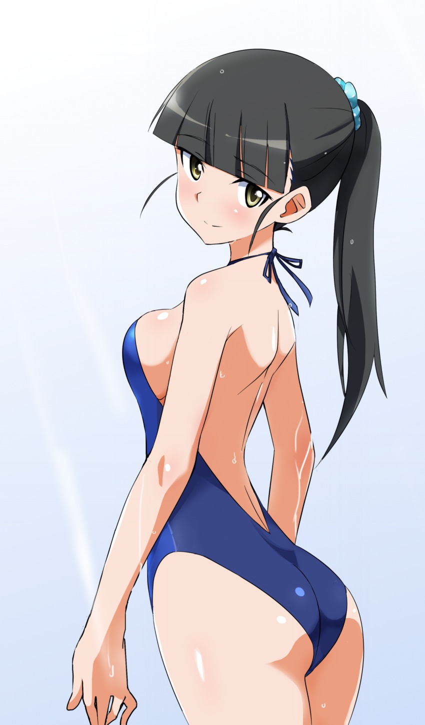 1girl, absurdres, alternate_costume, ass, bare_shoulders, black_hair, blunt_bangs, blush