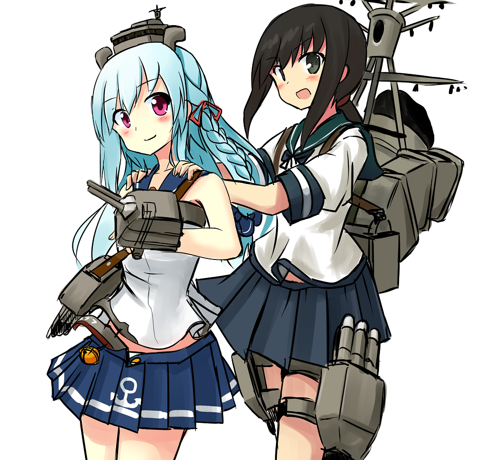10s, 2girls, anchor_symbol, blue_hair, blue_skirt, braid, brown_hair, crossover, fubuki_(battleship_girls), fubuki_(kancolle), fubuki_(warship_girls_r), green_eyes, gryphin1424, hands_on_another's_shoulders, historical_name_connection, kantai_collection, looking_at_viewer, midriff_peek, multiple_girls, name_connection, pleated_skirt, ponytail, red_eyes, rigging, school_uniform, serafuku, ship_turret, short_ponytail, skirt, sleeveless, torpedo, warship_girls_r, zhan_jian_shaonu