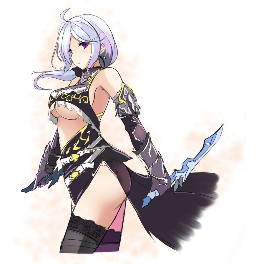 1girl, ahoge, ass, beige_background, black_thighhighs, breasts, center_opening, colorized, cowboy_shot, dagger, dual_wielding, earrings, fatkewell, female_focus, gauntlets, guild_wars_(series), guild_wars_1, hip_focus, holding, jewelry, knife, large_breasts, light_purple_hair, purple_eyes, side_slit, simple_background, sketch, solo, standing, thighhighs, underboob, weapon